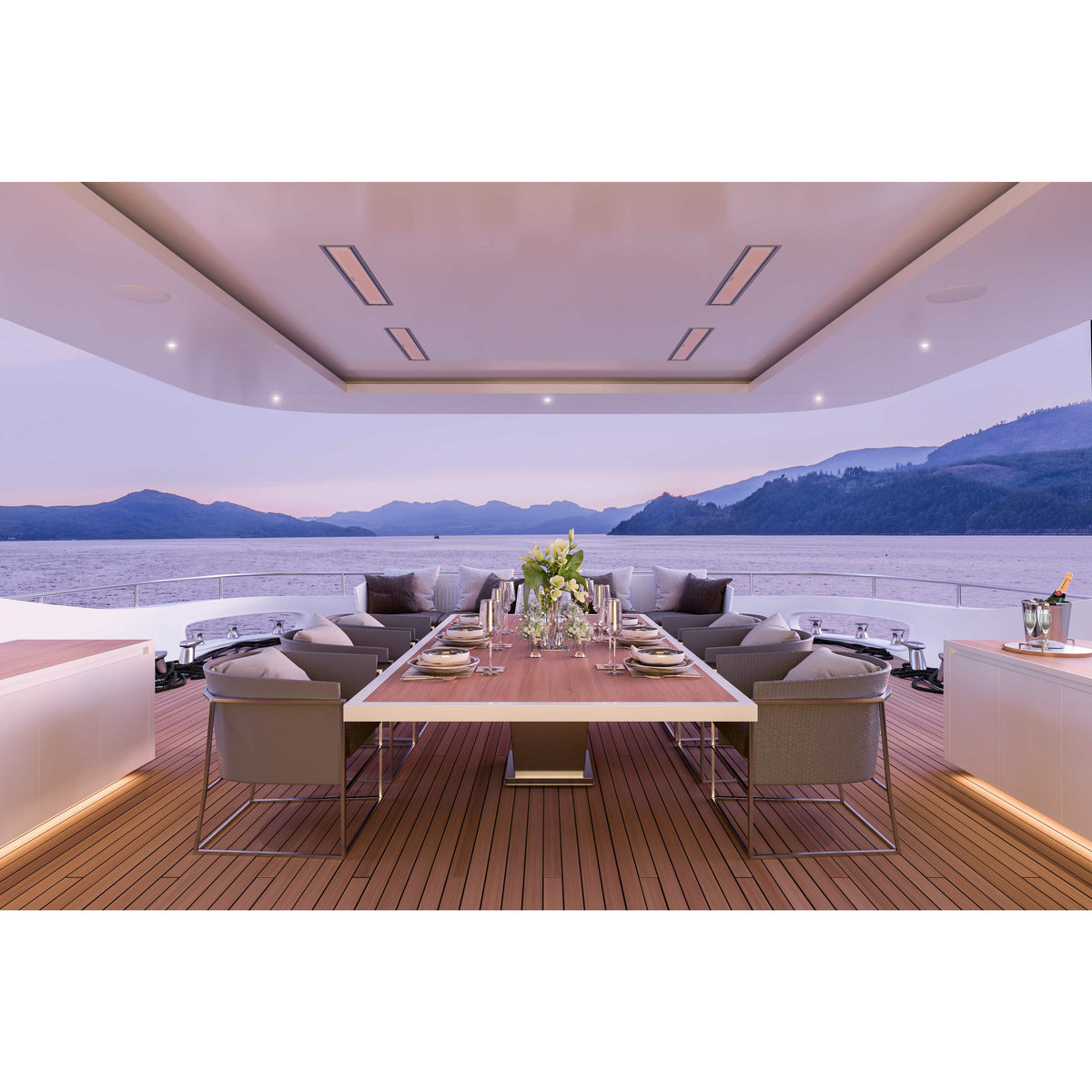 2300W Platinum Smart-Heat Electric Marine Heater in White Premium 316 grade stainless-steel translucent ceramic glass screen mounted in a ceiling of marine-yacht