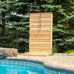 Dundalk Canadian Timber Savannah Standing Shower CTC205 - Stainless steel support bracket - Eastern white cedar - Outdoor Setting - Vital Hydrotherapy