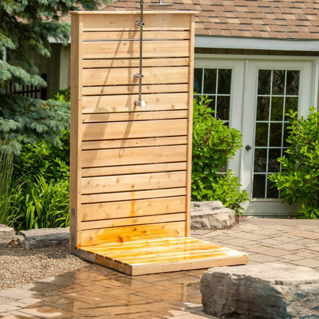 Dundalk Canadian Timber Savannah Standing Shower CTC205 - Stainless steel support bracket - Eastern white cedar - Outdoor Setting - Vital Hydrotherapy