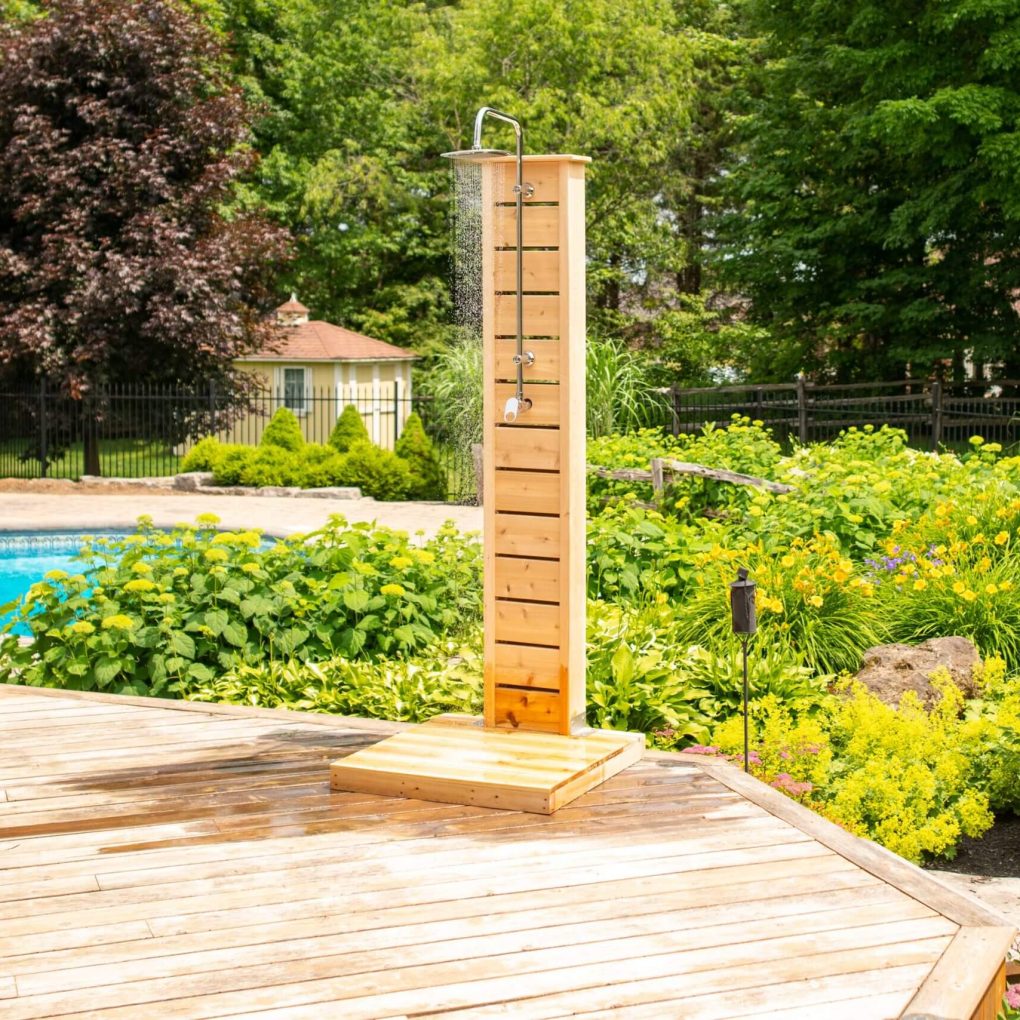 Dundalk Canadian Timber Sierra Pillar Shower CTC105 - Stainless steel support bracket - Eastern white cedar - Outdoor Setting - Vital Hydrotherapy