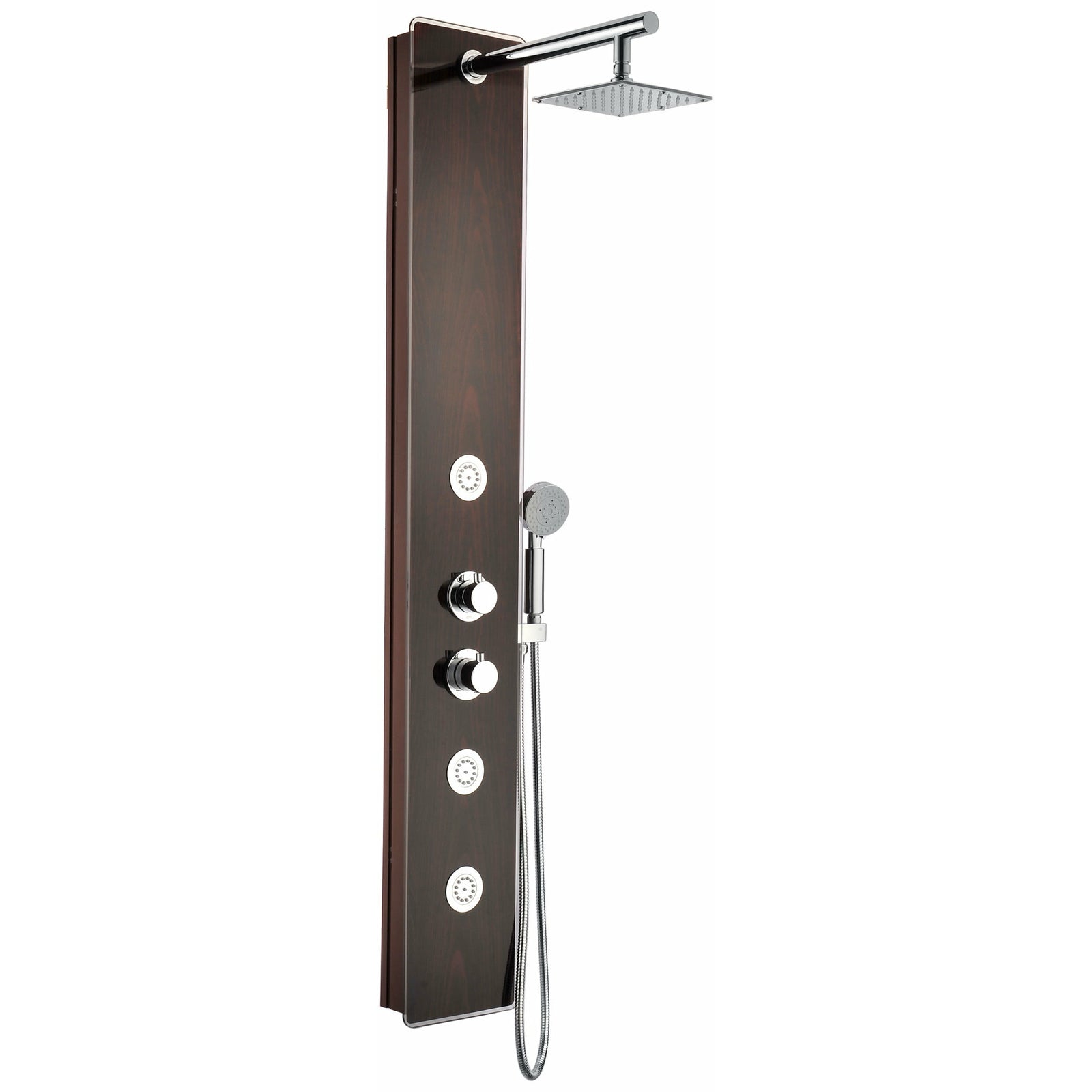 Anzzi Pure 59 Inch Full Body Shower Panel, One (1) Heavy Rain Swiveling Shower Head, Three (3) Fixed Acu-stream Body Massage Jets and One (1) Euro-grip Free Range Hand Sprayer in Mahogany Deco-glass Sp-az021 - Vital Hydrotherapy