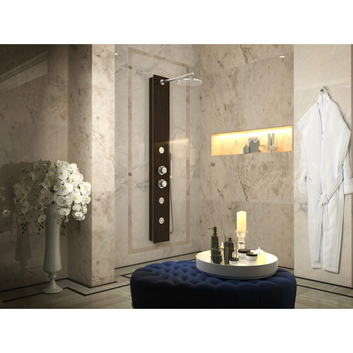 Anzzi Pure 59 Inch Full Body Shower Panel, One (1) Heavy Rain Swiveling Shower Head, Three (3) Fixed Acu-stream Body Massage Jets and One (1) Euro-grip Free Range Hand Sprayer in Mahogany Deco-glass Sp-az021 - Lifestyle - Vital Hydrotherapy