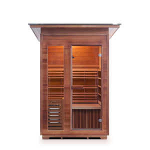 Enlighten Sauna Dry traditional SunRise Outdoor Canadian Red Cedar Wood Outside And Inside Slope Roofed with glass door and window two person sauna front view