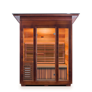 Enlighten Sauna Dry traditional SunRise Outdoor Canadian Red Cedar Wood Outside And Inside Slope Roofed with glass door and windows three person sauna front view