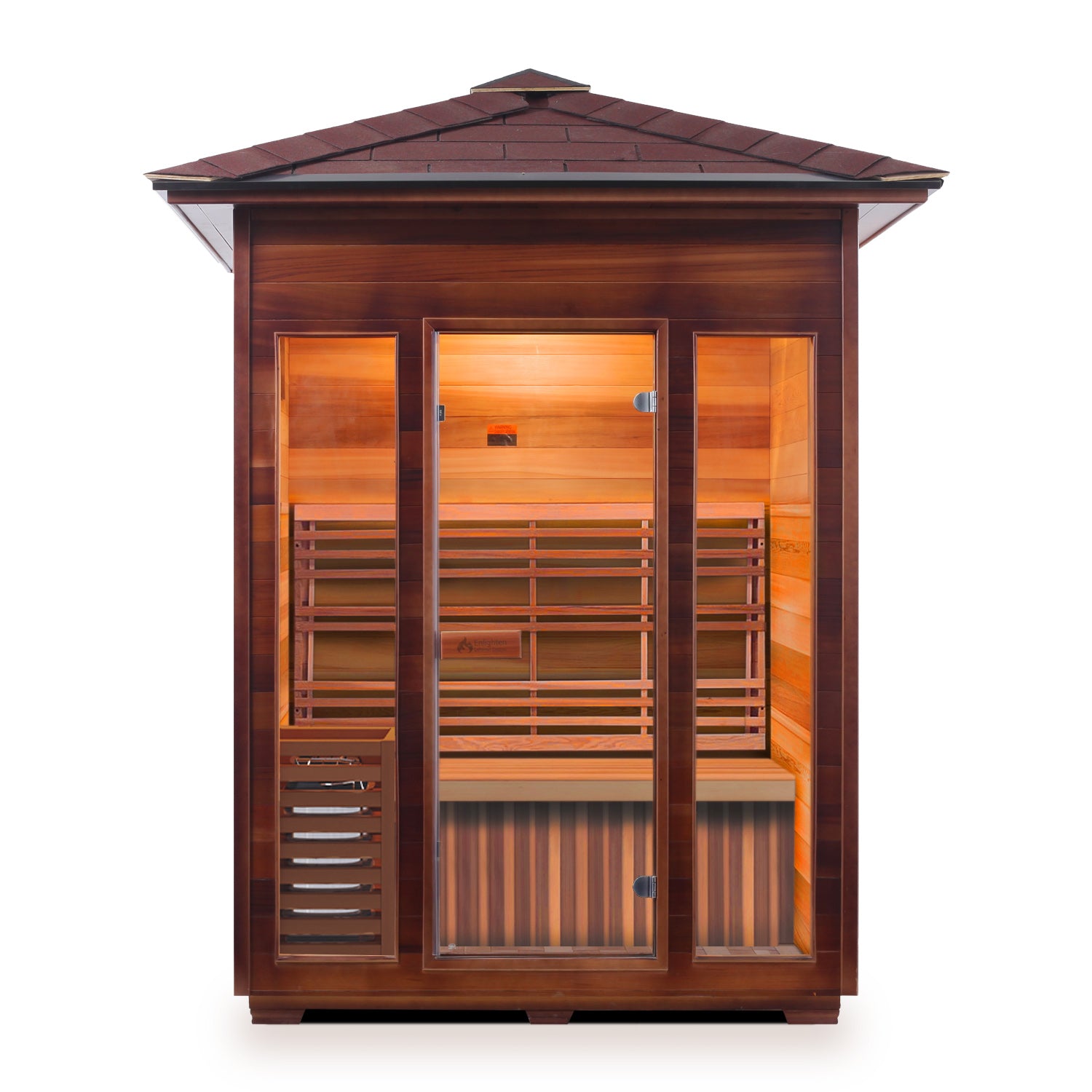 Enlighten Sauna Dry traditional SunRise Outdoor Canadian Red Cedar Wood Outside And Inside Peak Roofed with glass door and windows three person sauna front view