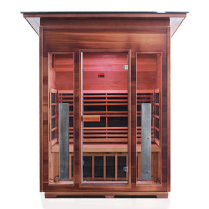 InfraNature Original Rustic Infrared Sauna Canadian red cedar inside and out with slope roof and glass door and windows with front view