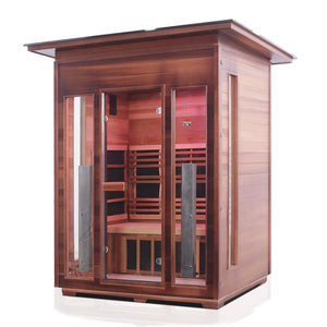 InfraNature Original Rustic Infrared Sauna Canadian red cedar inside and out with slope roof and glass door and windows isometric view