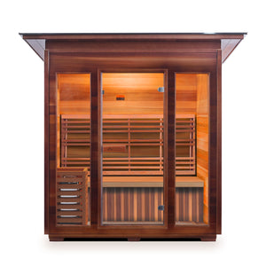 Enlighten Sauna Dry traditional SunRise Outdoor Canadian Red Cedar Wood Slope Roofed with glass door and windows four person sauna front view