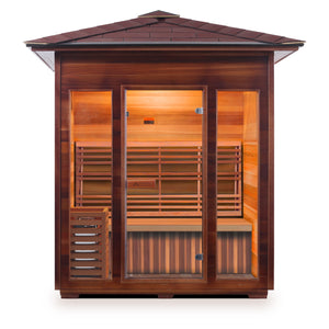Enlighten Sauna Dry traditional SunRise Outdoor Canadian Red Cedar Wood Outside And Inside Peak Roofed with glass door and windows four person sauna front view