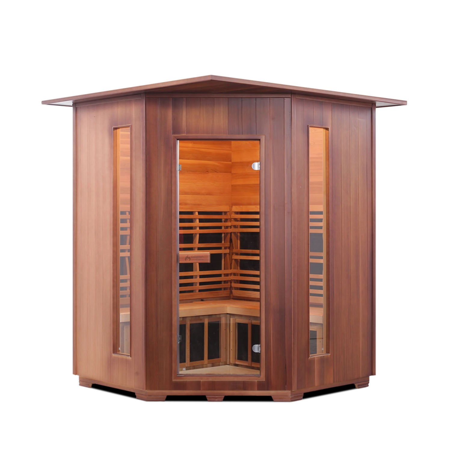 InfraNature Original Rustic Infrared Sauna Canadian Red Cedar Wood Outside And Inside with indoor roof and glass door and windows