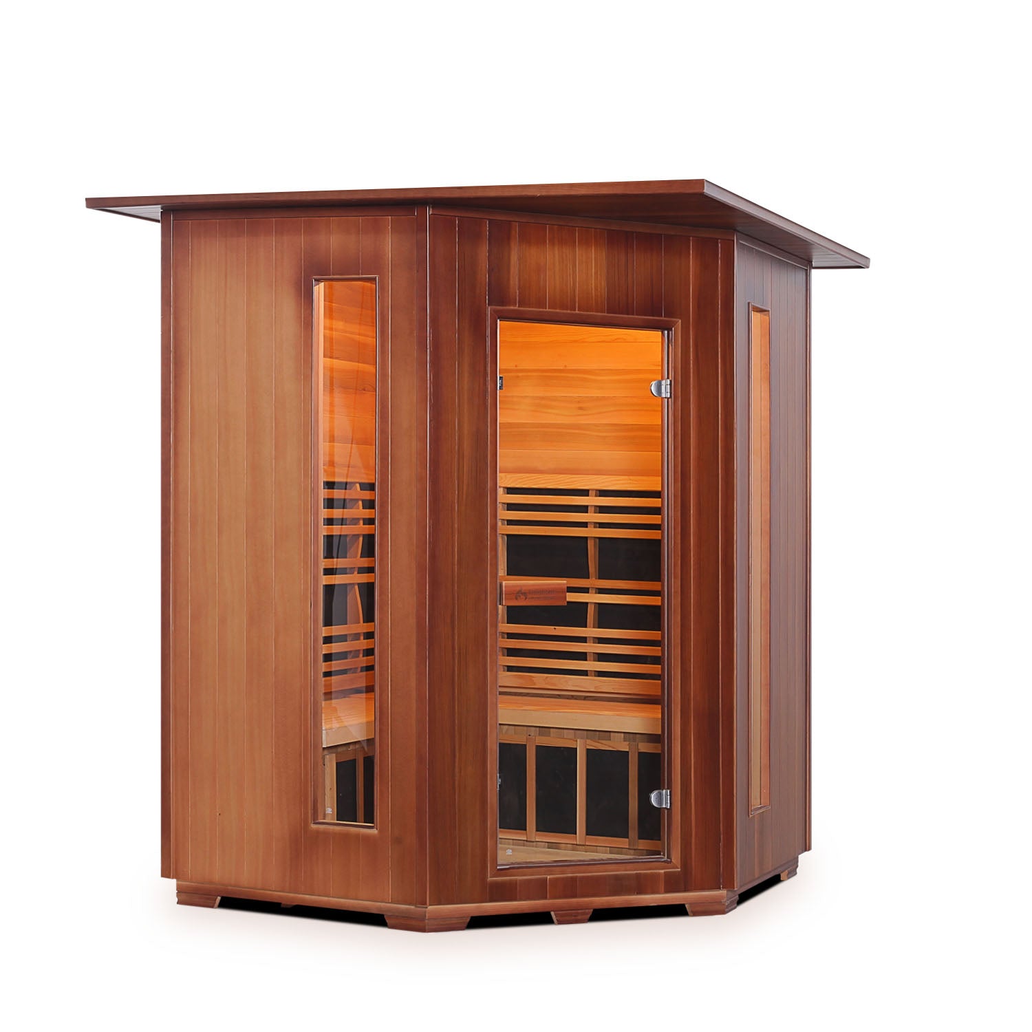 InfraNature Original Rustic Infrared Sauna Canadian Red Cedar Wood Outside And Inside with indoor roof and glass door and windows