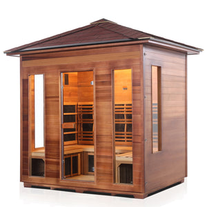 Rustic Infrared Sauna Canadian red cedar with peaked roof and glass door and windows isometric view