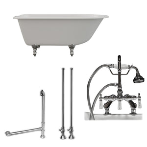 Cambridge Plumbing 54-Inch Rolled Rim Cast Iron Clawfoot Tub (Porcelain enamel interior and white paint exterior) and Deck Mount Plumbing Package (Polished chrome) RR55-684D-PKG-7DH - Vital Hydrotherapy
