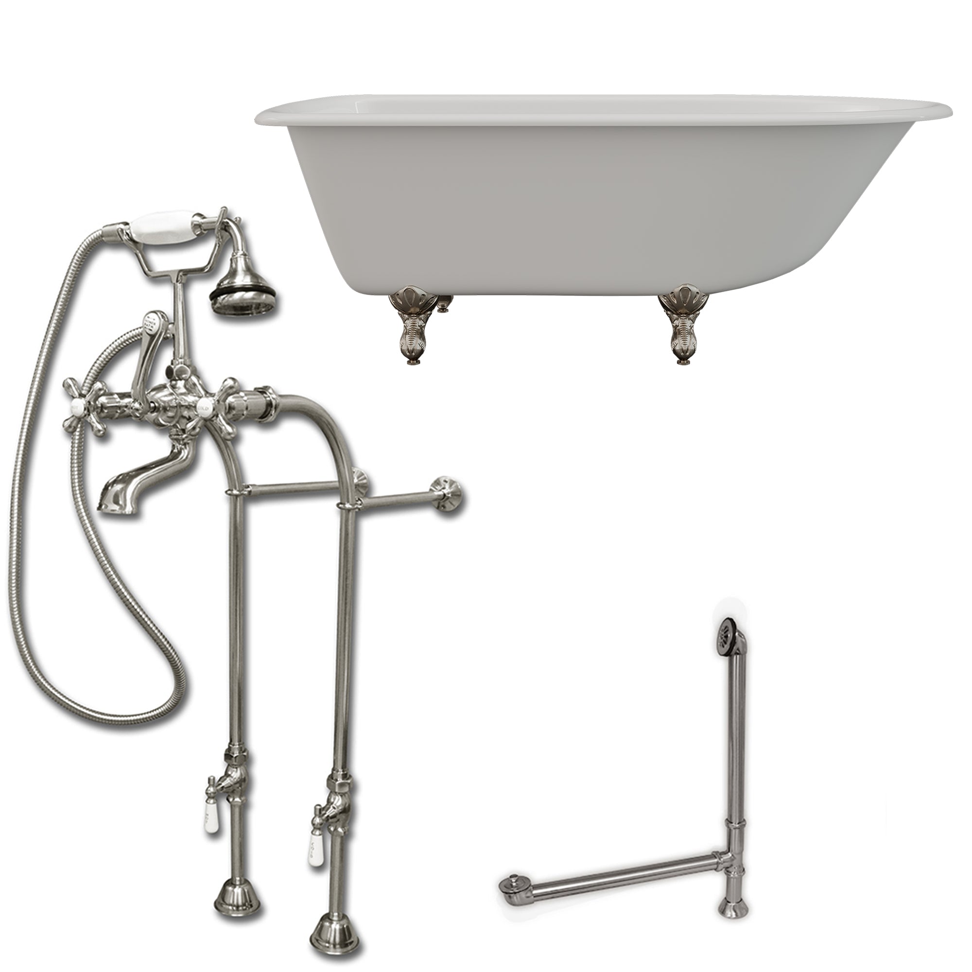 Cambridge Plumbing 60-Inch Rolled Rim Cast Iron Clawfoot Tub (Porcelain enamel interior and white paint exterior) and Freestanding Plumbing Package (Brushed nickel) RR61-398463-PKG-NH - Vital Hydrotherapy