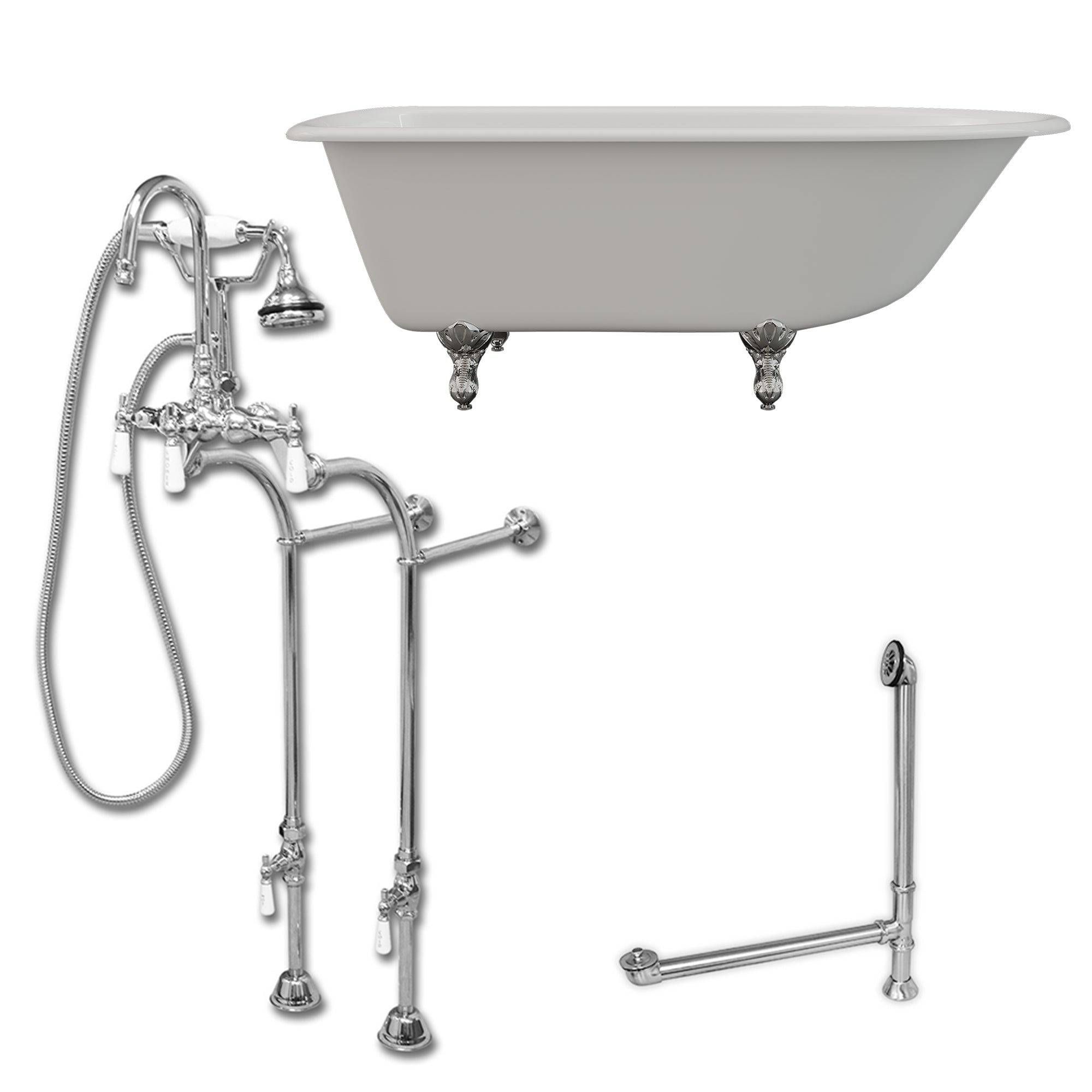 Cambridge Plumbing 60-Inch Rolled Rim Cast Iron Clawfoot Tub (Porcelain enamel interior and white paint exterior) and Freestanding Plumbing Package (Brushed Nickel) RR61-398684-PKG-NH - Vital Hydrotherapy