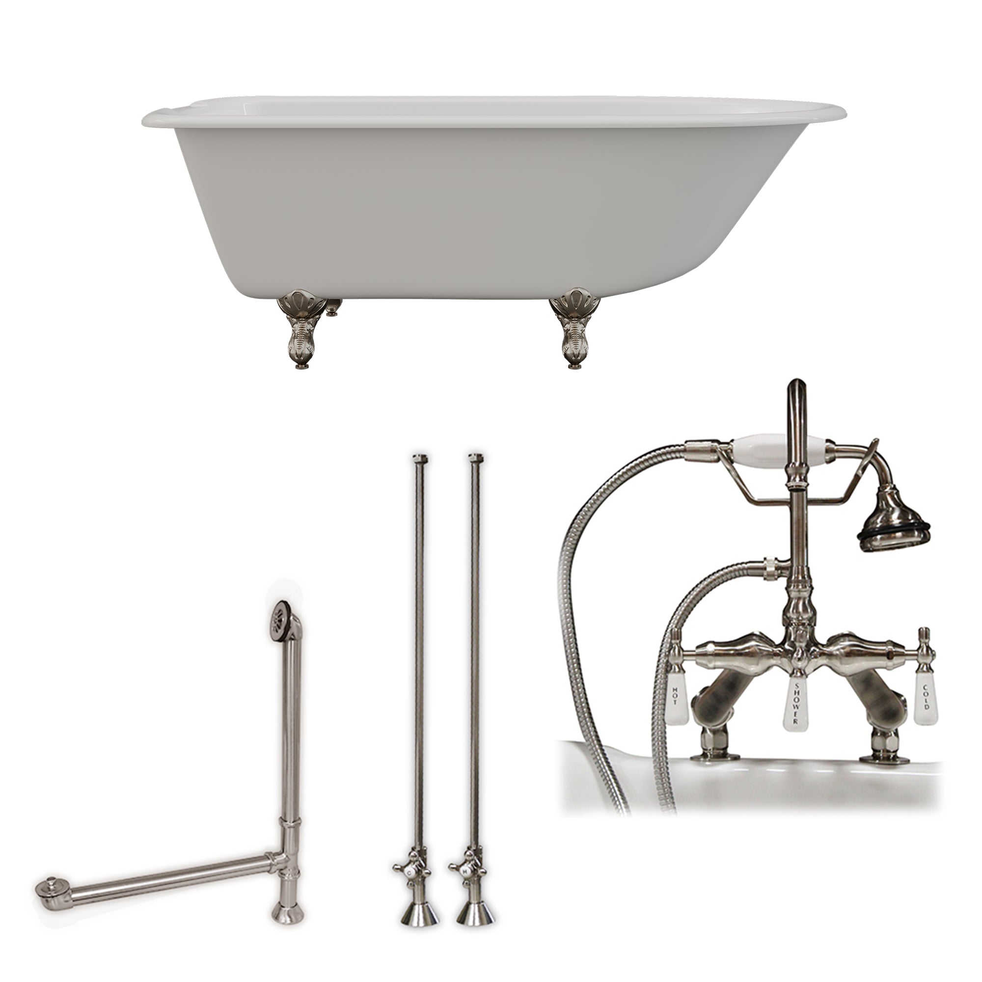 Cambridge Plumbing 60-Inch Rolled Rim Cast Iron Clawfoot Tub (Porcelain enamel interior and white paint exterior) and Deck Mount Plumbing Package (Brushed Nickel) RR61-684D-PKG-7DH - Vital Hydrotherapy