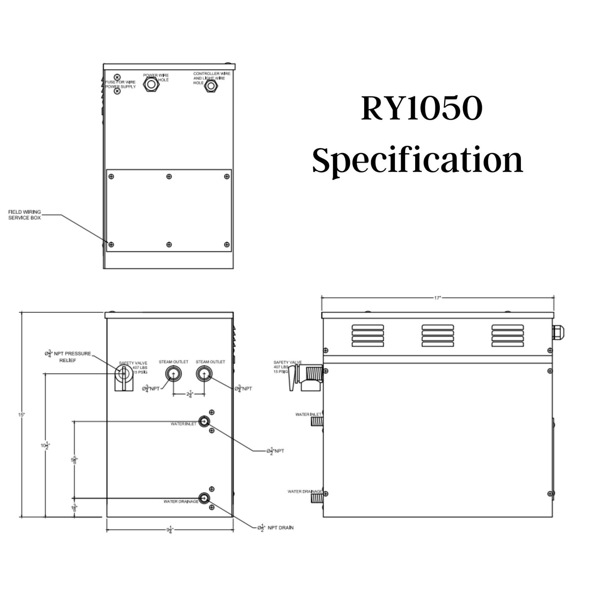 SteamSpa Royal 10.5 KW QuickStart Acu-Steam Bath Generator Specification Drawing RY1050 - Vital Hydrotherapy
