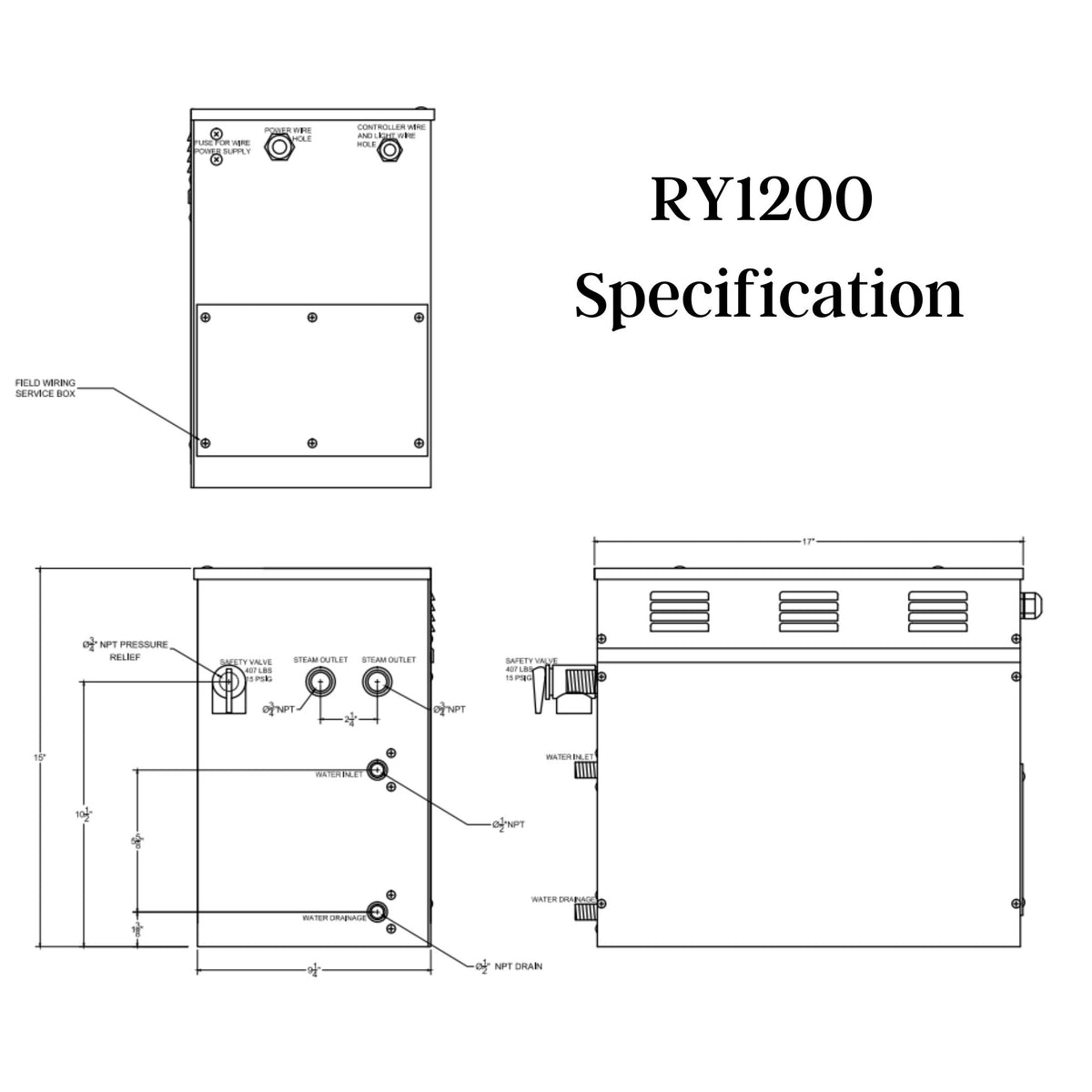 SteamSpa Royal 12 KW QuickStart Acu-Steam Bath Generator Specification Drawing RY1200 - Vital Hydrotherapy