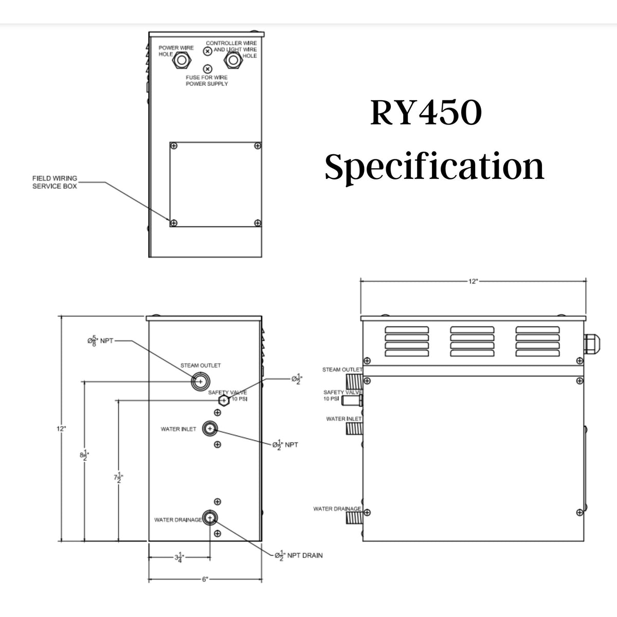 SteamSpa Royal 4.5 KW QuickStart Acu-Steam Bath Generator Specification Drawing RY450 - Vital Hydrotherapy