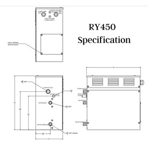 SteamSpa Royal 4.5 KW QuickStart Acu-Steam Bath Generator Specification Drawing RY450 - Vital Hydrotherapy