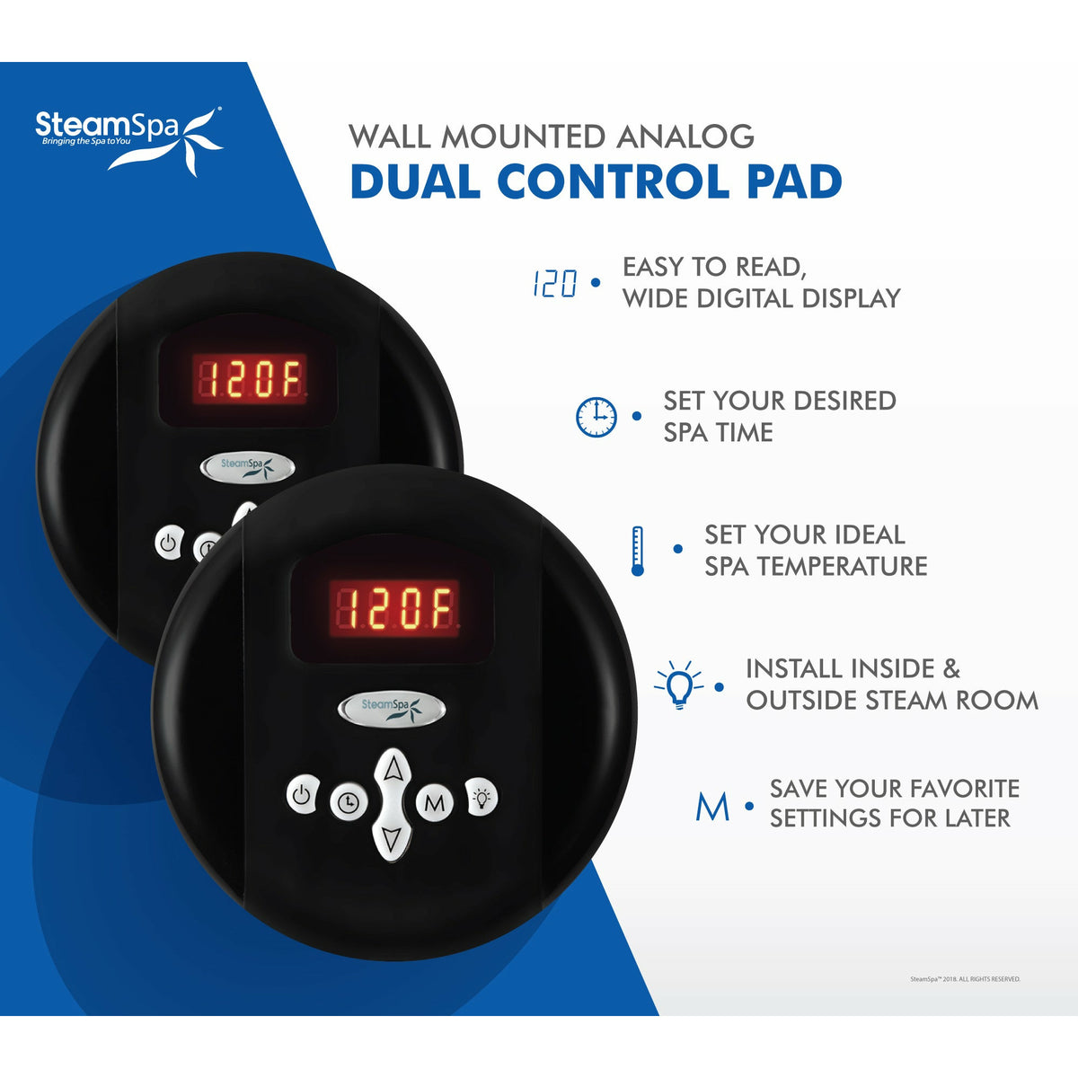 SteamSpa Wall Mounted Analog Dual Control Pad in Matte Black Finish RY600 - Vital Hydrotherapy