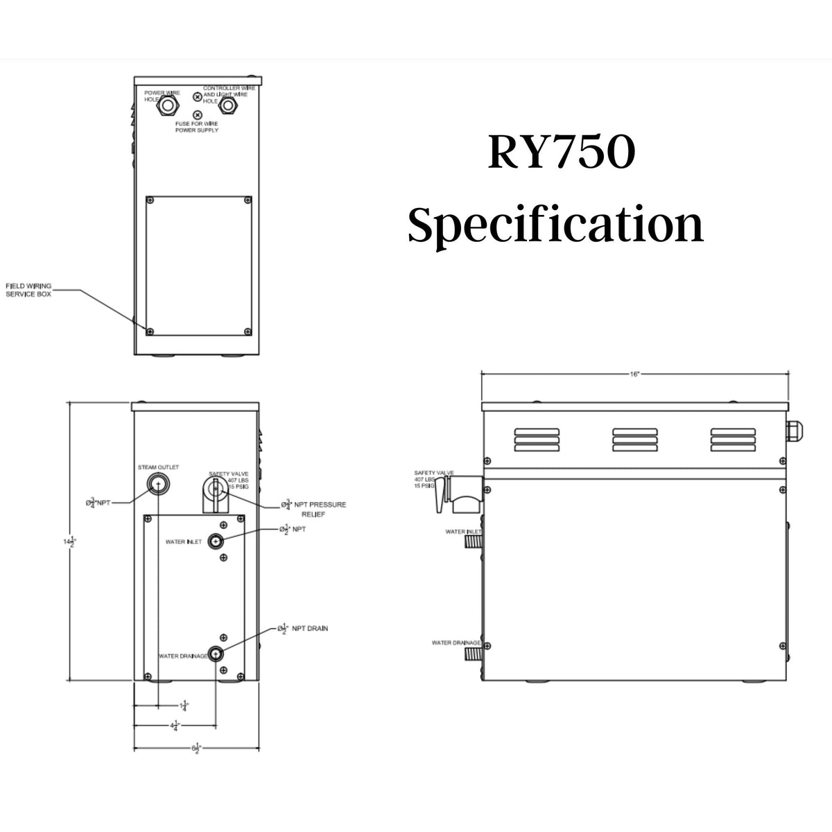 SteamSpa Royal 7.5 KW QuickStart Acu-Steam Bath Generator Specification Drawing  RY750 - Vital Hydrotherapy