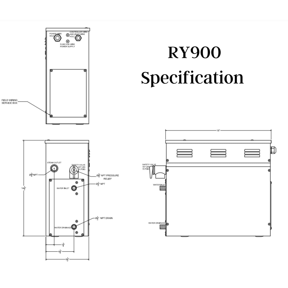 SteamSpa Royal 9 KW QuickStart Acu-Steam Bath Generator Specification Drawing  RY900 - Vital Hydrotherapy