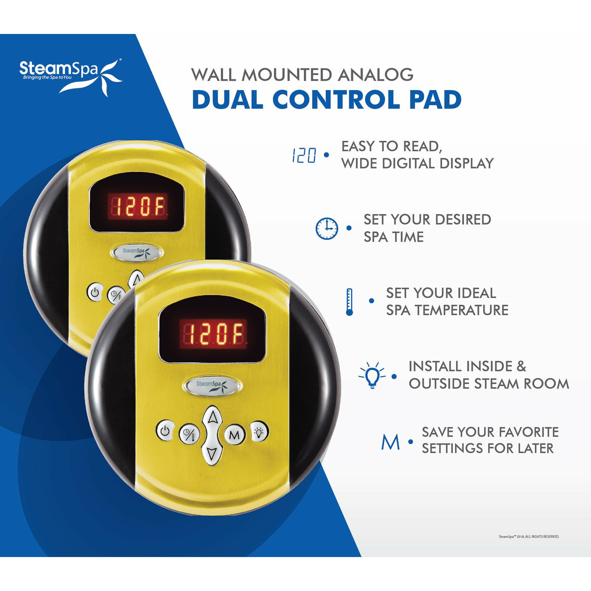 SteamSpa Royal Control Kit - Dual Control Panel - Polished Gold - Digital readout display and soft touch keypad - Functions - RYPK - Vital Hydrotherapy