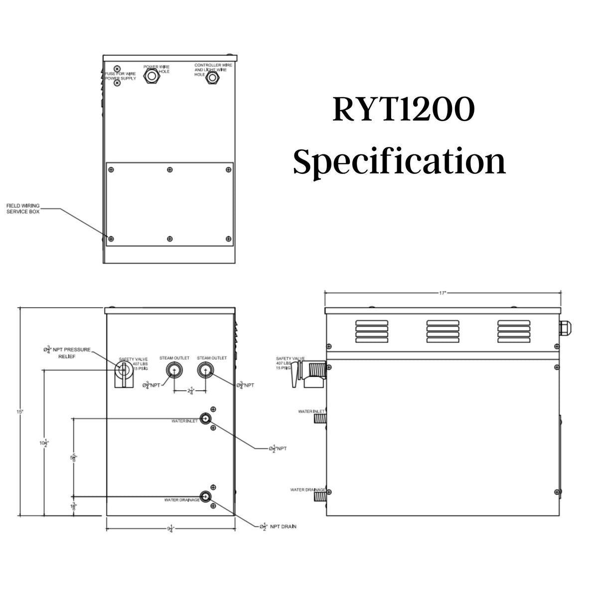 SteamSpa Royal 12 KW QuickStart Acu-Steam Bath Generator Specification Drawing RYT1200 - Vital Hydrotherapy