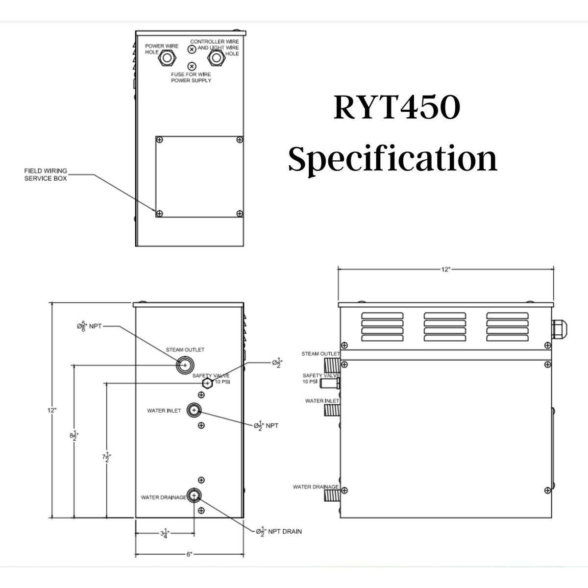 SteamSpa Royal 4.5 KW QuickStart Acu-Steam Bath Generator Specification Drawing RYT450 - Vital Hydrotherapy