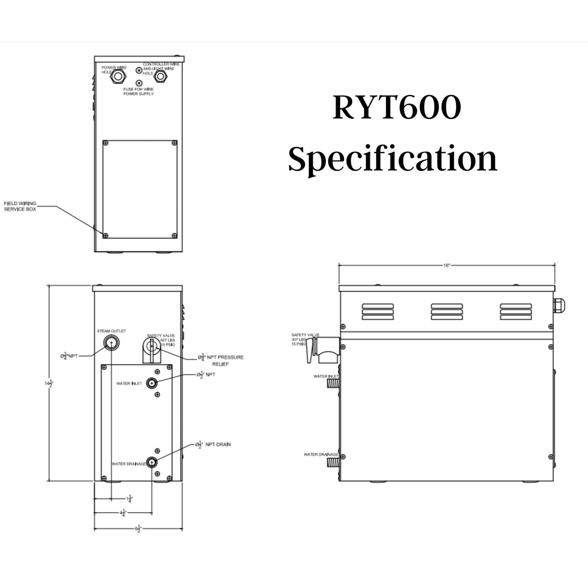 SteamSpa Royal 6 KW QuickStart Acu-Steam Bath Generator Specification Drawing RYT600 - Vital Hydrotherapy