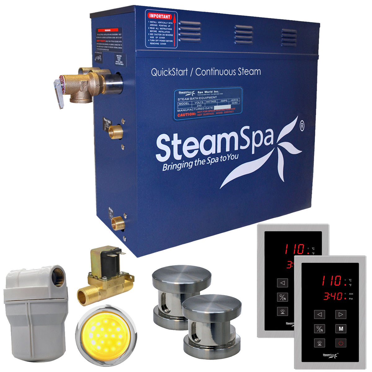 SteamSpa Royal 7.5 KW QuickStart Acu-Steam Bath Generator Package - 16 in. L x 6.5 in. W x 14.5 in. H - Stainless Steel - Polished Brushed Nickel Finish - 7.5kW QuickStart Acu-Steam Bath Generator, Dual Touch Pad Control Panel, Steam head, Chroma Therapy Light, Filter, Pressure Relief Valve - RYT750 - Vital Hydrotherapy