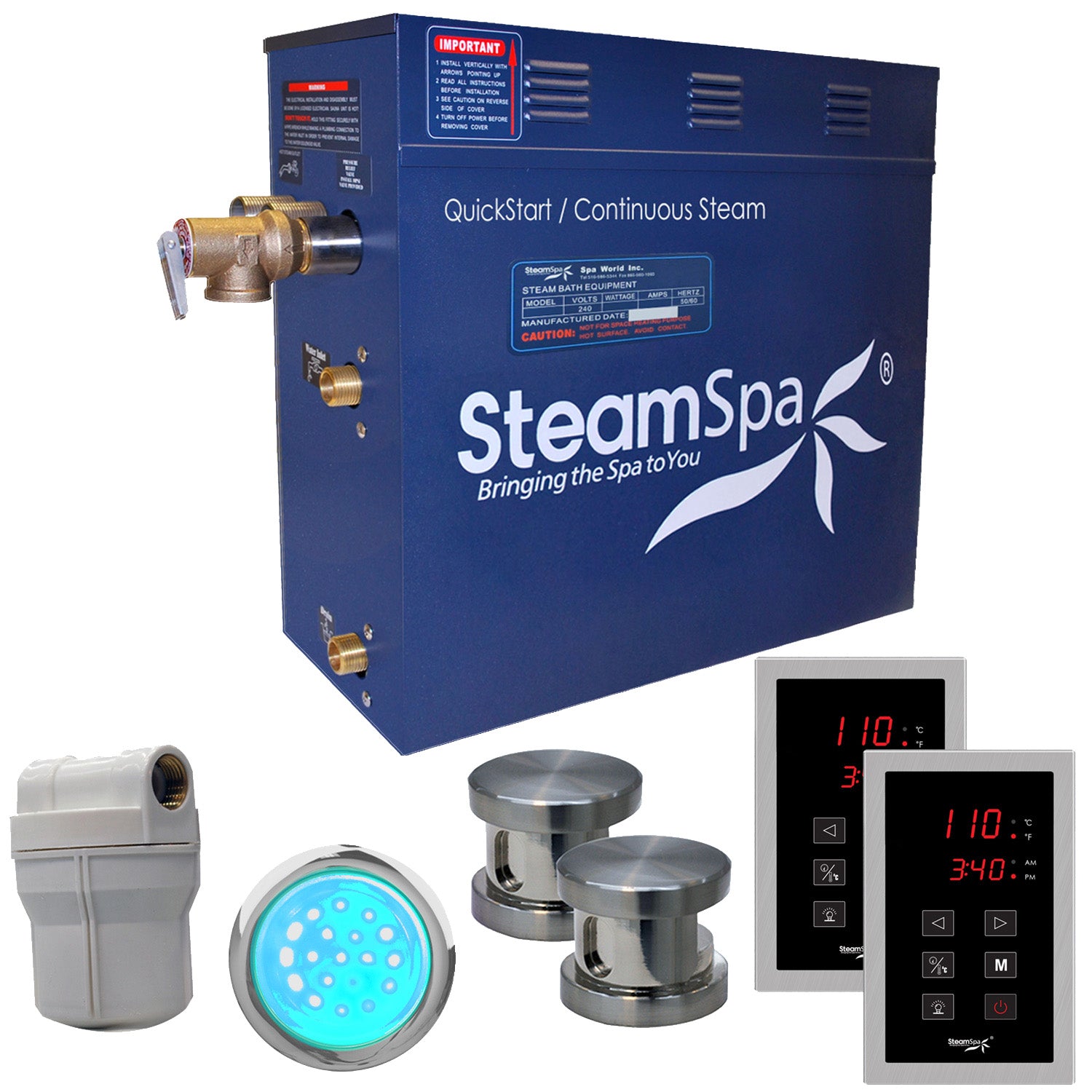 SteamSpa Royal 7.5 KW QuickStart Acu-Steam Bath Generator Package - 16 in. L x 6.5 in. W x 14.5 in. H - Stainless Steel - Polished Brushed Nickel Finish - 7.5kW QuickStart Acu-Steam Bath Generator, Dual Touch Pad Control Panel, Steam head, Chroma Therapy Light, Filter, Pressure Relief Valve - RYT750 - Vital Hydrotherapy