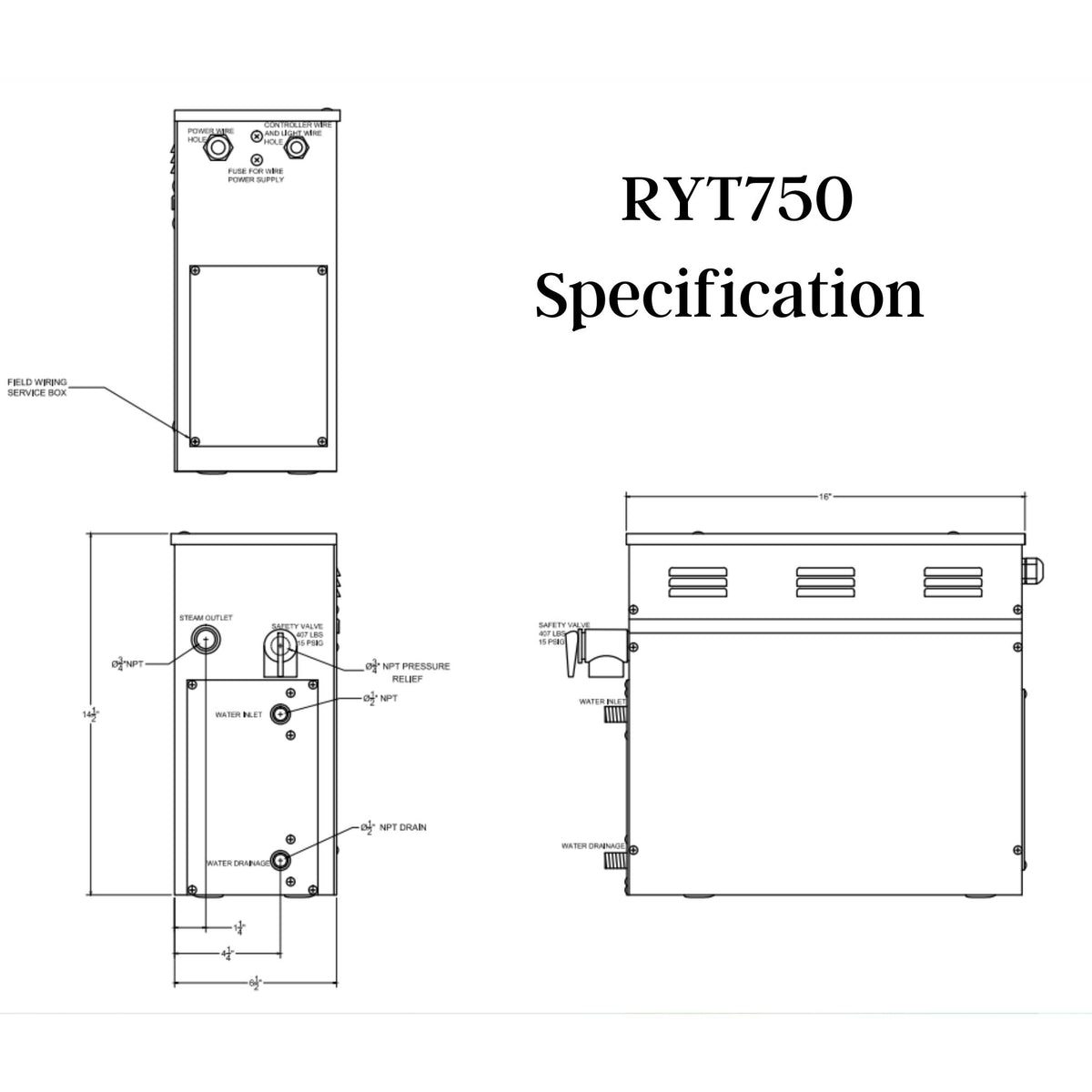 SteamSpa Royal 7.5 KW QuickStart Acu-Steam Bath Generator Specification Drawing - Vital Hydrotherapy