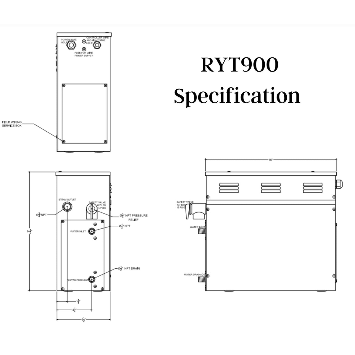 SteamSpa Royal 9 KW QuickStart Acu-Steam Bath Generator RYT900 - Specification Drawing - Vital Hydrotherapy