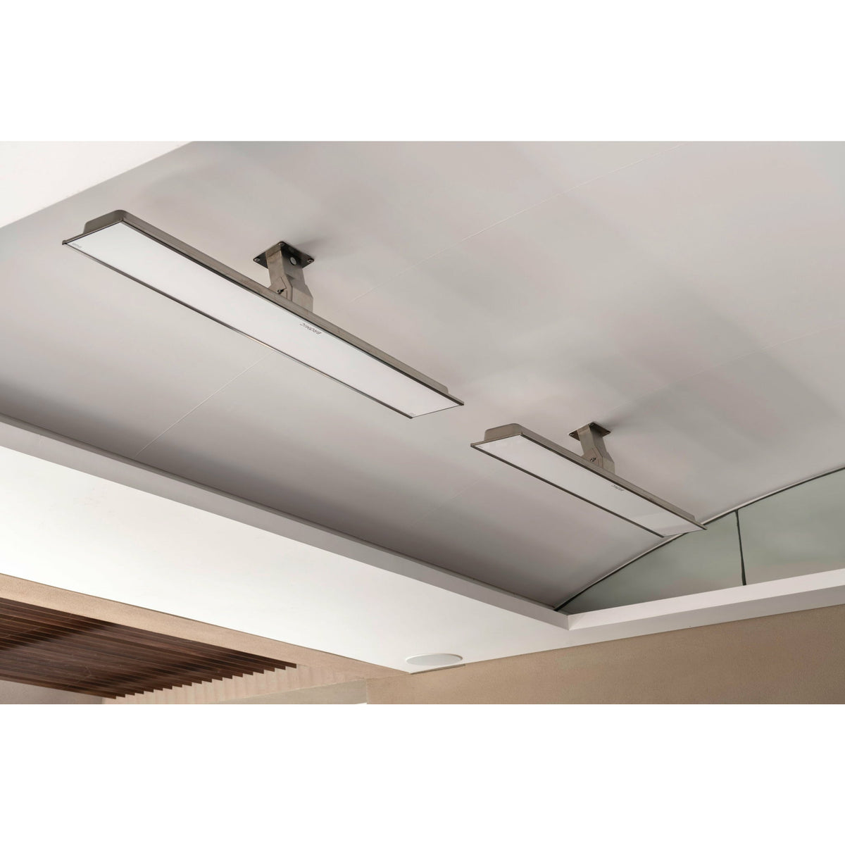 2300W Platinum Smart-Heat Electric Heater in White Stainless Steel Tinted Glass-Ceramic Screen Slim-line Design mounted in a ceiling