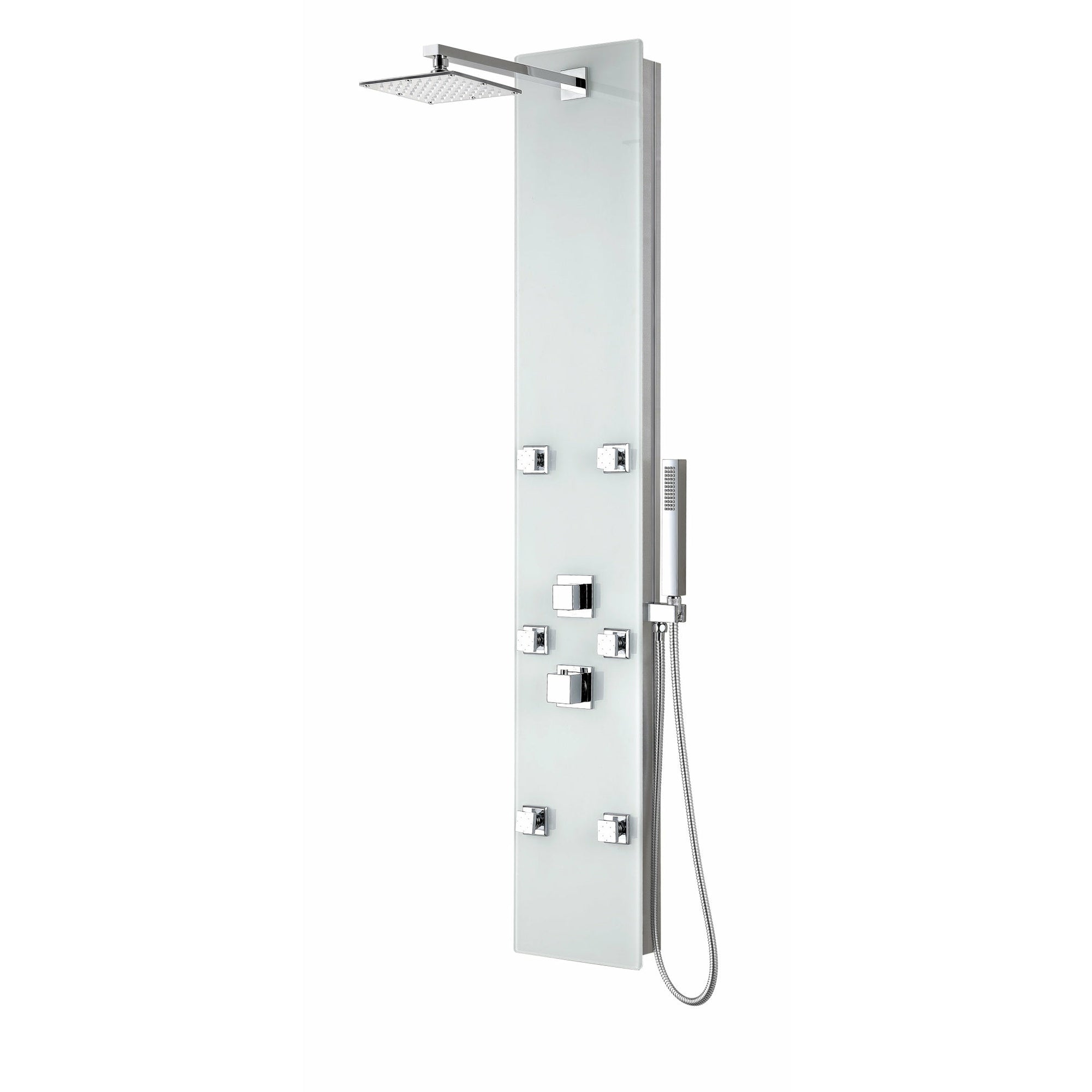 Anzzi Rhaus 60 Inch Six Directional Acu-stream Body Jets Shower Panel with Swiveling Overhead Rainfall Shower Head, Two Shower Control Knobs and Euro-grip Handheld Sprayer - White Deco-glass Body - SP-AZ029 - Vital Hydrotherapy
