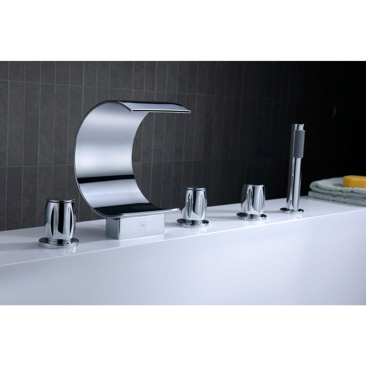 Anzzi Ribbon 3-Handle Deck-Mount Roman Tub Faucet in Chrome - Waterfall Spout - Extendable Euro-grip Handheld Sprayer - Chrome Finish Housing a Solid Brass Interior - FR-AZ048CH - Lifestyle - Vital Hydrotherapy