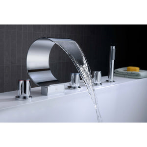 Anzzi Ribbon 3-Handle Deck-Mount Roman Tub Faucet in Chrome - Waterfall Spout - Extendable Euro-grip Handheld Sprayer - Chrome Finish Housing a Solid Brass Interior - FR-AZ048CH - Lifestyle - Vital Hydrotherapy