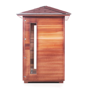 Rustic Infrared Sauna Canadian red cedar inside and out with peaked roof  back view