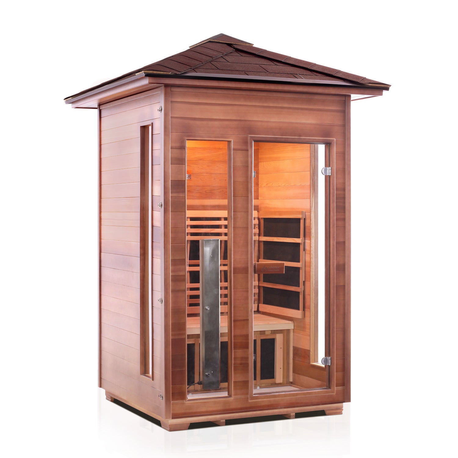 Rustic Infrared Sauna Canadian red cedar inside and out with peaked roof and glass door and window front view