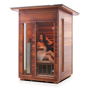 Rustic Infrared Sauna Canadian red cedar inside and out with slope roof and glass door and window with woman model inside isometric view