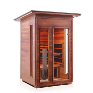 Rustic Infrared Sauna Canadian red cedar inside and out with slope roof and glass door and window isometric view