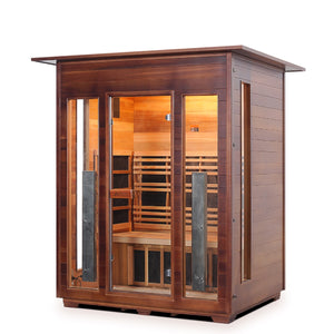 InfraNature Original Rustic Infrared Sauna Canadian Cedarwood indoor roof with glass door and windows isometric view