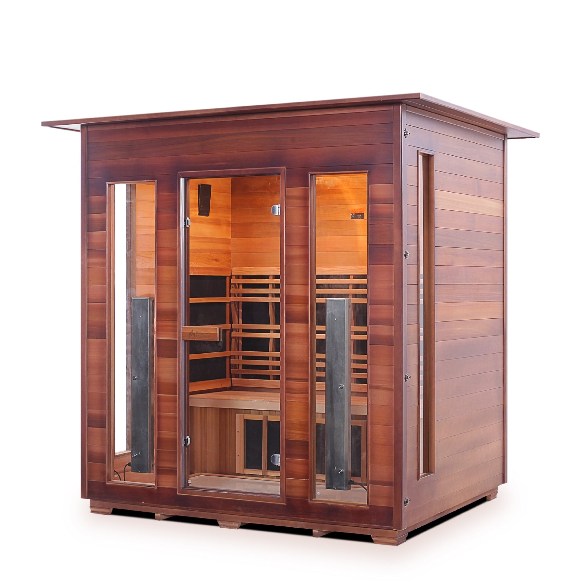 InfraNature Original Infrared Rustic 4 Person Indoor Canadian Red Cedar Wood Outside And Inside with indoor roof and glass door and windows front view