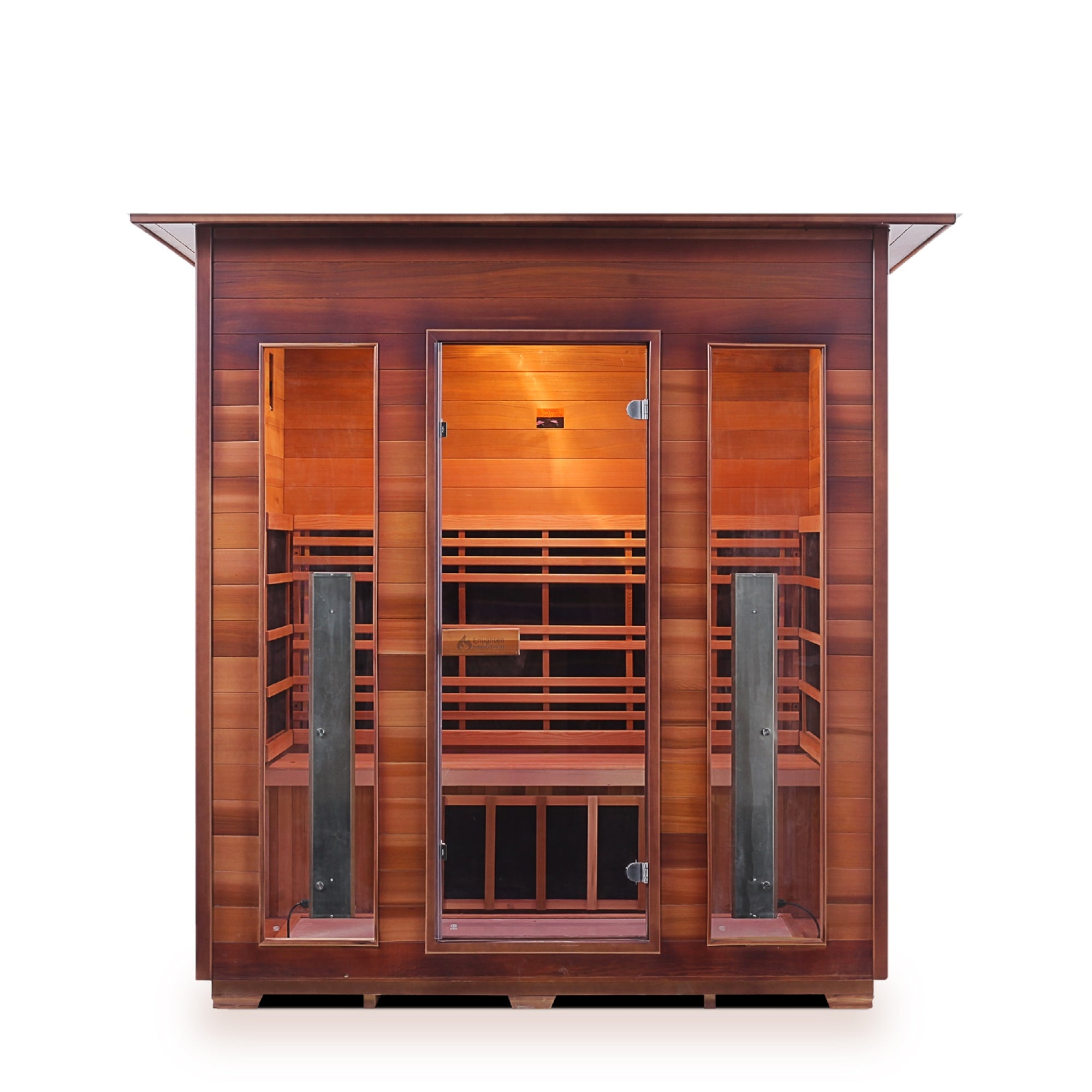 InfraNature Original Infrared Rustic 4 Person Indoor Canadian Red Cedar Wood Outside And Inside with indoor roof and glass door and windows front view