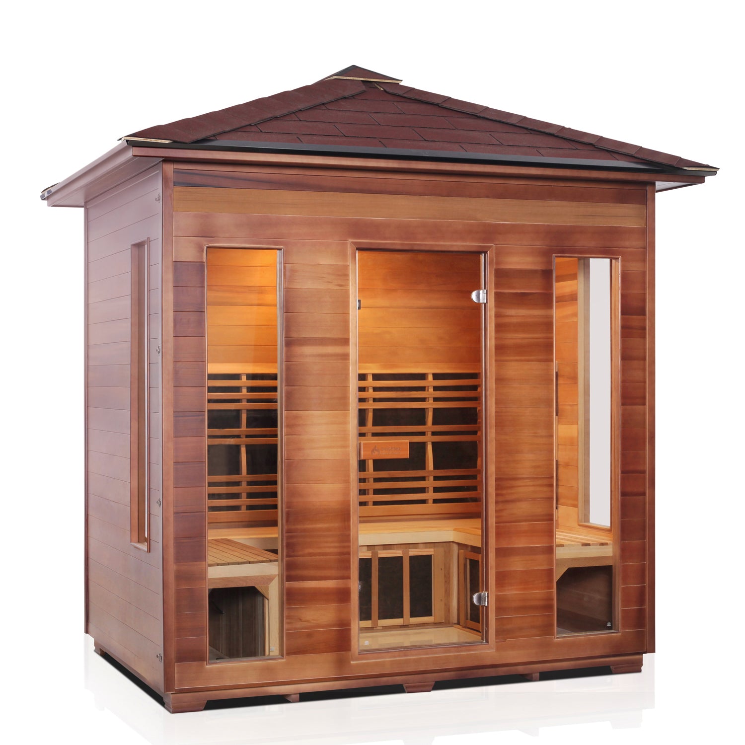 Rustic infrared sauna Canadian red cedar inside and out with peak roof and glass door and windows front view