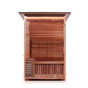 Enlighten sauna SaunaTerra Dry Traditional MoonLight 2 Person Outdoor Sauna Canadian Red Cedar Wood Outside And Inside Double Roof ( Flat Roof + slope roof) inside partial build view