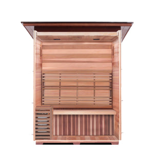 Enlighten sauna SaunaTerra Dry Traditional MoonLight 3 Person Outdoor Sauna Canadian natural red cedar wood Double Roof ( Flat Roof + slope roof) inside partial build view