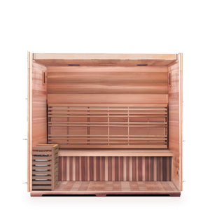 Enlighten sauna SaunaTerra Dry Traditional MoonLight 4 Person Canadian Red Cedar Wood Outside And Inside Indoor roofed inside partial build view